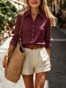 Louniche Women's Burgundy Button Down Shirt, Long Sleeve Collared Blouse,  Elegant Versatile Slimming Top, Spring/Autumn - Burgundy - View 4