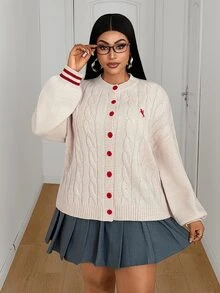 Maweii Plus Size Women's Textured Cable Knit Button Embroidered Equestrian Casual Cardigan - Apricot - View 3