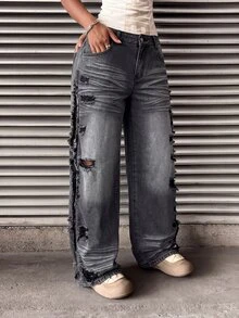 StreetHx Women's Fashion Casual Grunge Streetwear Distressed Vintage Retro Straight Leg Jeans Music Rave Dark Grey Going Out Fall - Grey - View 6