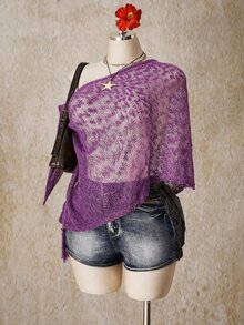 SHEIN ICON 女款大尺碼不對稱下擺流蘇設計寬鬆針織上衣 - 紫色 - 查看 6