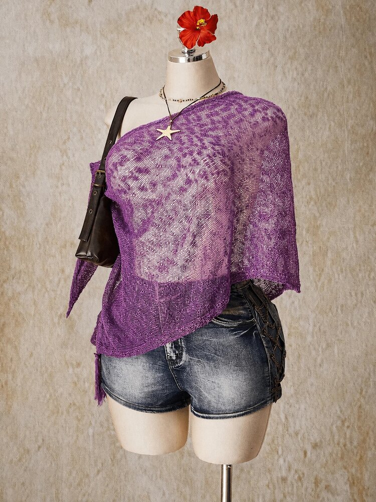 SHEIN ICON Women's Plus Size Asymmetrical Hemline Tassel Design Loose Knit Top - Purple - View 6