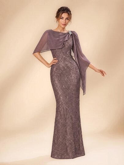Serin Elegant Luxurious Diamond Decorated Embroidered Lace Patchwork Chiffon Flounce Fitted Mermaid Silhouette Slim Arm Sleeve Evening Gown For Wedding Events, Bachelorette Party, Vacation, Prom, Festival, Graduation, Bride, Mother Of The Bride, Dinner Party (Heavy Workmanship)