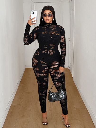 Maweii Plus Size Women's Hollow Out Design Long Sleeve Sexy Jumpsuit