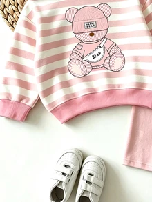 嬰兒與幼兒女童運動衫套裝，可愛熊圖案圓領運動衫，粉色與白色柔軟條紋長袖上衣搭配鬆緊腰長褲，寬鬆舒適版型，簡約俏皮卡通圖案，適合居家與外出，甜美小女孩兩件套服裝，實用百搭秋冬套裝 - 彩色 - 查看 4