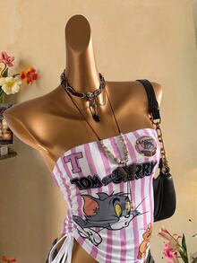 TOM & JERRY X SHEIN SHEIN EZwear 女款拼色條紋卡通印花側抽繩平口上衣 - 彩色 - 查看 6