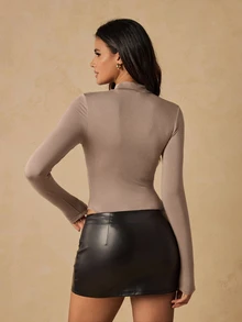 HautHeat Women's Solid Color Stand Collar Long Sleeve One-Piece Loungewear - Coffee Brown - View 2