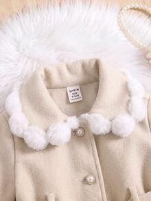 SHEIN 女嬰拼接毛絨長袖單排扣可愛夾克 - 卡其色 - 查看 3