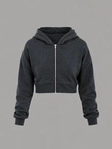 SHEIN Unity Women's Solid Color Zipper Casual Versatile Daily Wear Long Sleeve Hooded Sweatshirt - Dark Grey - View 4