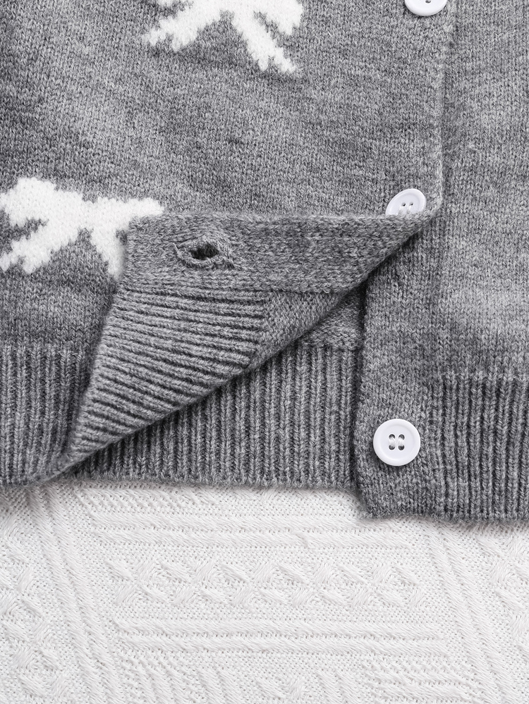 SHEIN Girls' Autumn/Winter Fashion Handmade Bow Knitted Sweater Long Sleeve Cardigan - Light Grey - View 4