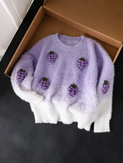 SHEIN Girls' Purple Gradient Fashionable Cute Grape Decor Knitted Pullover Sweater Long Sleeve Top, Suitable For Autumn/Winter, Suitable For Daily Wear, School, Outings, Gatherings