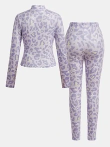 Kids Tween Girl Purple Leopard Print Knit Fitted Sports Set, Front Long Sleeve Jacket + Pants 2-Piece Set, Casual Comfortable Versatile Daily Wear - Purple - View 2