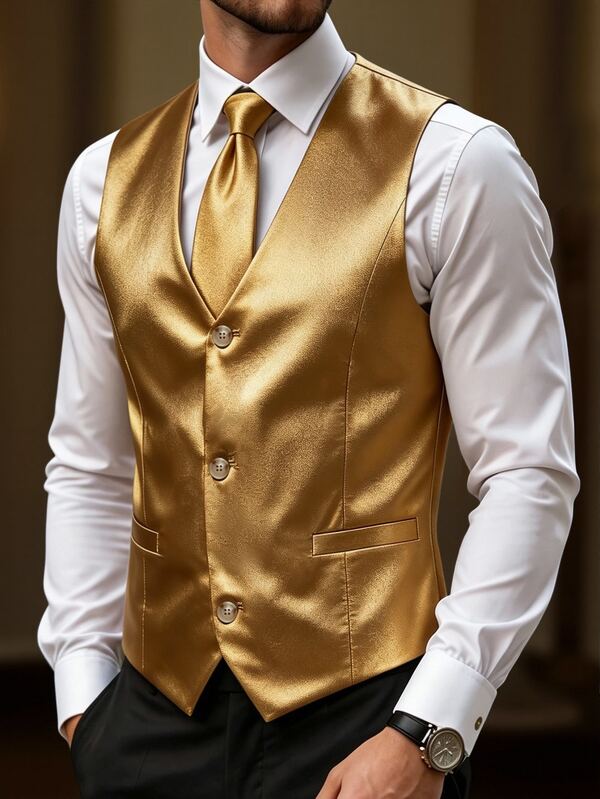 Manfinity AFTRDRK Chaleco de traje de fiesta de lujo dorado de un solo pecho para hombres, el regalo perfecto para las vacaciones