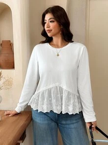 Lounesse Plus Size Women's Burnout Embroidery Casual Versatile Everyday T-Shirt Fall - White - View 8