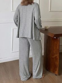 Dazy Plus Plus Size Women Lace Patchwork Camisole, Long Sleeve Cardigan And Pants Casual Daily Home Sleepwear Set Fall - Grey - View 2