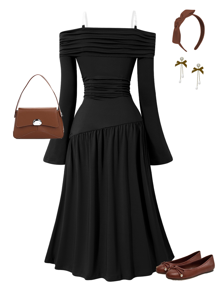 Teen Girls Off-Shoulder Ruched Waist Dress With French Bow Decor And Flare Sleeves - Black - View 2