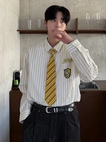 DAZY 男士字母印花條紋時尚長袖襯衫 - 黃色 - 查看 8