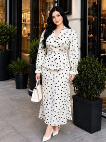Modelyn Plus Size Elegant Commuter Polka Dot Print Shirt & Skirt Set - Apricot - View 1