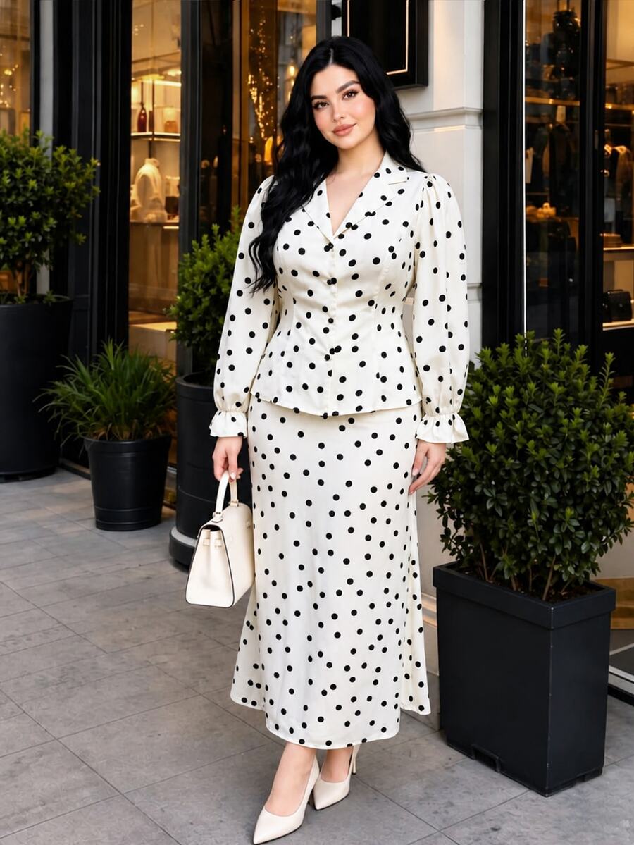 Modelyn Plus Size Elegant Commuter Polka Dot Print Shirt & Skirt Set - Apricot - View 1