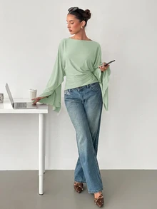 Siren Gaze Women's Solid Color Pleated Casual Versatile Daily T-Shirt - Mint Green - View 8