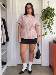 Comfortcana Plus Size Summer Casual Plaid Petal Sleeve Shirt - Dusty Pink - View 9