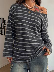 Coolane Women's Asymmetrical Collar Striped T-Shirt - Black - View 8