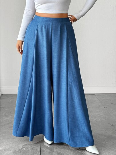 Elenzga Women's Plus Size Faux Denim Blue Textured Fabric Loose Wide Leg Pants With Elastic Waist, Vintage Misty Blue Reversible Skort, Casual Commute Daily Outfit, Versatile Spring/Autumn New Style