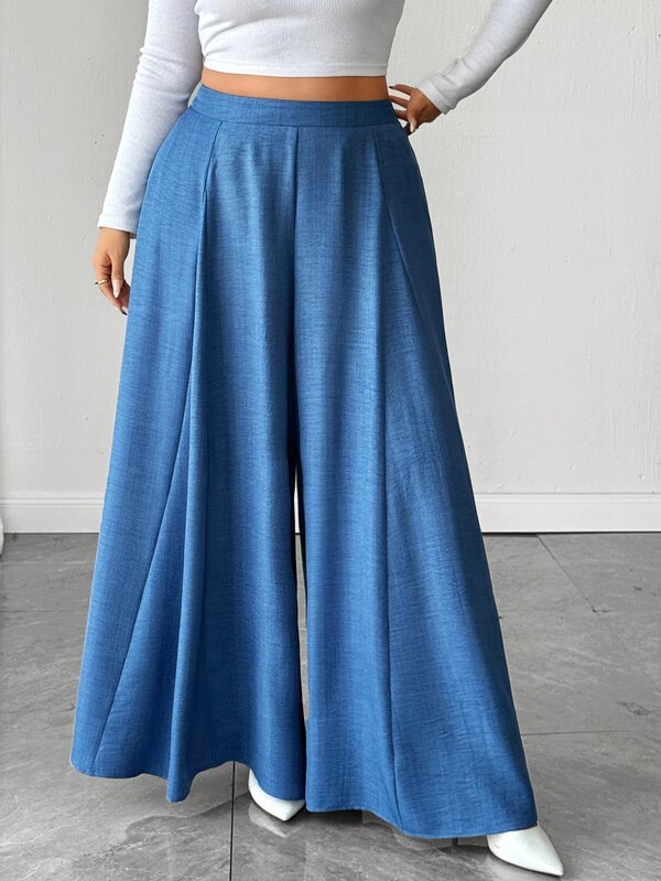 Elenzga Women's Plus Size Faux Denim Blue Textured Fabric Loose Wide Leg Pants With Elastic Waist, Vintage Misty Blue Reversible Skort, Casual Commute Daily Outfit, Versatile Spring/Autumn New Style