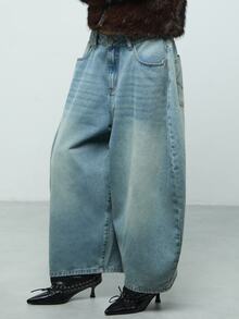 COUREZ Cropped Baggy Balloon Jeans In Washed Blue /Y2K Clothes Fall Winter Outfits For Women Shorts For Women Women Jeans Denim Pants For Women  - Medium Wash - View 6