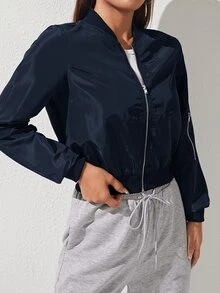 SHEIN PETITE Chaqueta Bomber con Cremallera unicolor para Otoño/Invierno - Azul Marino - Ver 4