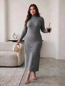 Hourglow Plus Size Waist Defined Knit Midi Dress, High Neck Ribbed Waist Bodycon Sweater Dress - Grey - View 5