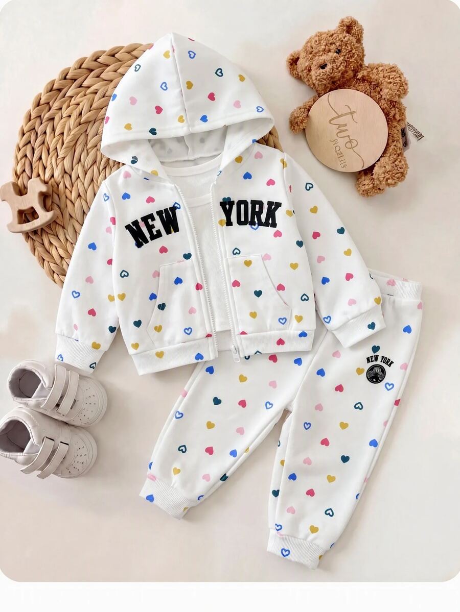 SHEIN 女嬰可愛秋冬波點與字母印花連帽外套及鬆緊腰長褲套裝 - 白色 - 查看 1