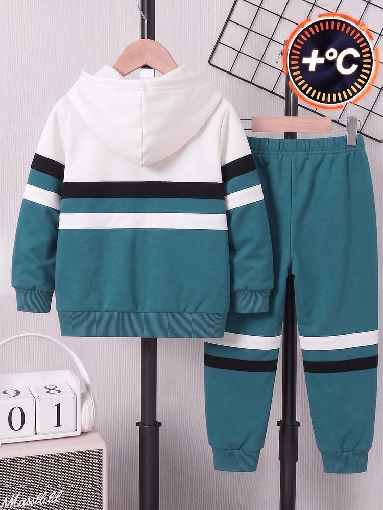 Young Boys 2pcs Set Minimalist Casual Contrast Color Wide Stripe Letter Print Hooded Zip-Up Fleece Lined Sweatshirt Jacket & Sweatpants Soft Outfit For Outdoor Autumn/Winter - Multicolor - View 2
