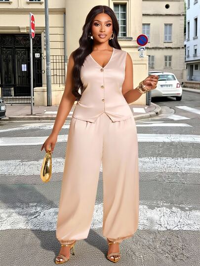 Brilight Champagne Satin V-Neck Button Down Vest & Elastic Cuff Harem Pants 2 Pieces Co Ord Set For Wedding Gu