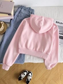 SHEIN 少女寬鬆休閒極簡舒適日常街頭風連帽修身口袋前開襟拉鍊短版長袖運動外套 白色返校穿搭 - 粉色 - 查看 2