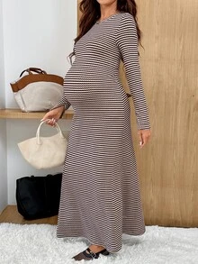 SHEIN Maternity Casual Striped Dress For Autumn - Brown - View 2