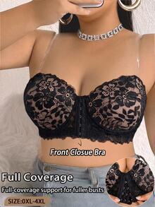 SHEIN 1 buah Bra Bandeau Berkawat dengan Penutup Renda di Bagian Depan, Ukuran Plus - Hitam - View 5