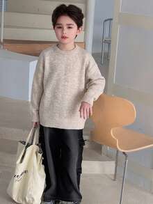 Dazy Kids Boys (Large) Crew Neck Casual Long Sleeve Loose Fit Basic Solid Color Autumn/Winter Sweater - Apricot - View 4