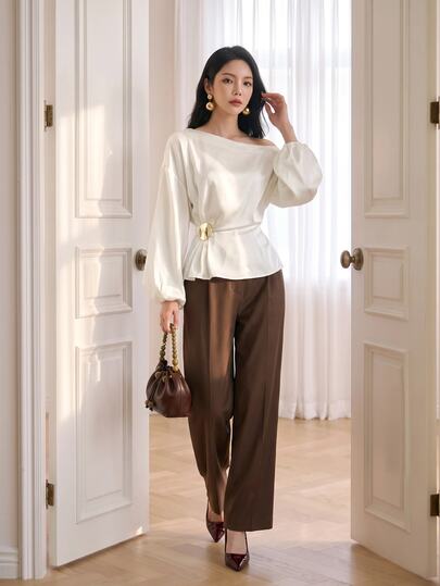 Heiryn Women's Solid Color Asymmetric Shoulder Casual Daily Wear Shirt