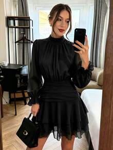 SHEIN PariChic 女款優雅浪漫修身腰部設計荷葉邊洋裝，杏色與白色短洋裝，春夏秋冬新款，情人節約會穿搭，度假休閒穿著，輕盈雪紡浪漫洋裝，長袖春夏多層荷葉邊短洋裝，迷你洋裝，白色生日洋裝 - 黑色 - 查看 6