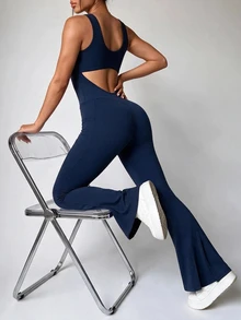 Dewbera Dewbera Women's Solid Color Casual Daily Outdoor Sports Jumpsuit - Navy Blue - View 2