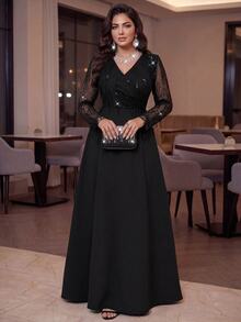 Auveirra Plus Size Women Mesh Patchwork V-Neck Casual Party Dress - Black - View 4