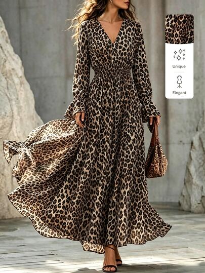 SHEIN Women's Vintage Leopard Print Dress, Shirred Flared Long Sleeve Shirred Elastic High Waist Slimming A-Line Dress, Spring/Autumn