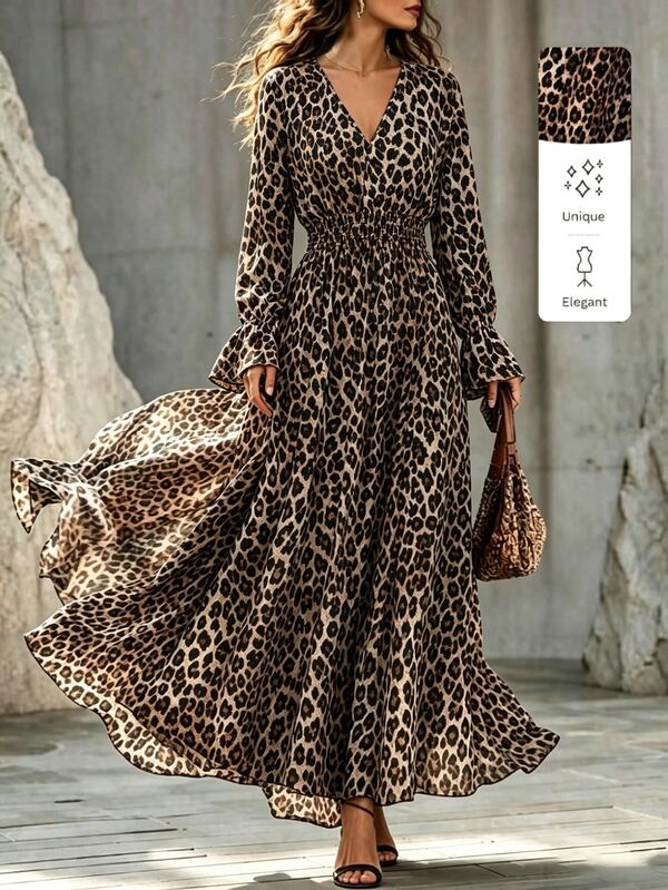 SHEIN Women's Vintage Leopard Print Dress, Shirred Flared Long Sleeve Shirred Elastic High Waist Slimming A-Line Dress, Spring/Autumn