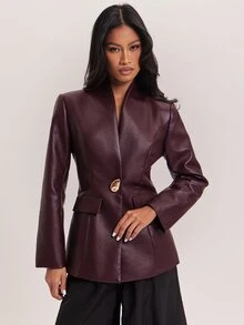 SHEIN BAE Blazer Kasual Wanita Warna Polos dengan Kancing Logam Tunggal untuk Perjalanan Sehari-hari - Burgundy - View 6