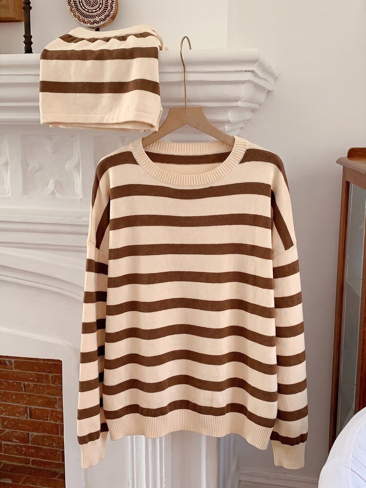Comfortcana Women's New Autumn Striped Sweater 2 Pieces Set - Brown - View 7