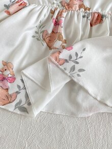 SHEIN Vintaside Kids 4件組女嬰秋季套裝 可愛兔子與熊印花長袖荷葉邊上衣搭配長褲 休閒居家服 - 彩色 - 查看 6