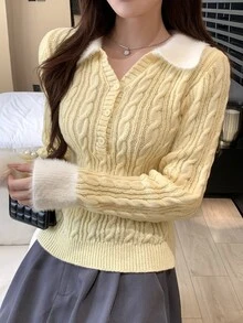 DAZY Women's Contrast Color Lapel Long Sleeve Button Half-Placket Casual Sweater Fall - Yellow - View 11