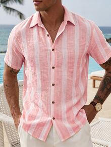 VENTUSAIL Men's Yellow Woven Striped Summer Lightweight Slim Fit Casual Vacation Short Sleeve Shirt - Pink - View 7