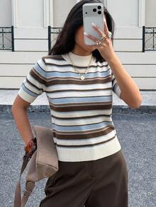 Siren Gaze Casual Minimalist Style Colorful Striped Women's Knit Top, Suitable For Autumn/Winter, Versatile - Multicolor - View 5