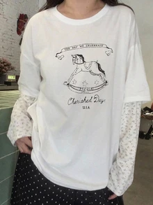 Dazy Plus Pattern Printed Contrast Lace Sleeve Layered Casual Korean Style White T-Shirt For Girls - White - View 4
